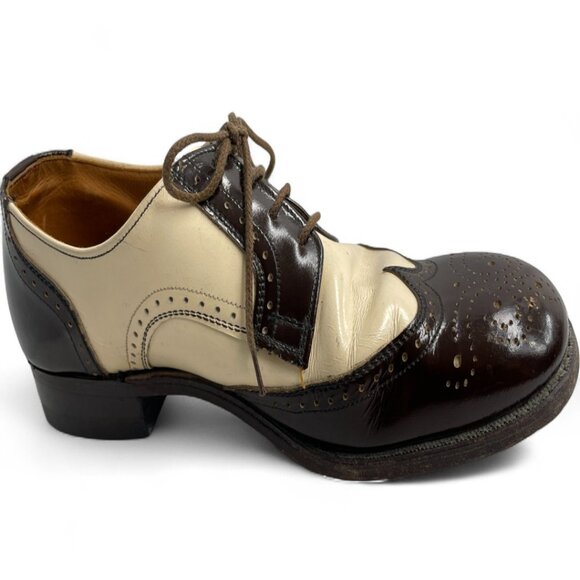 Vintage Brown Ivory Wingtip Leather Shoes Men's 8.5 Lace Up Oxfords Goodyear - Picture 10 of 14